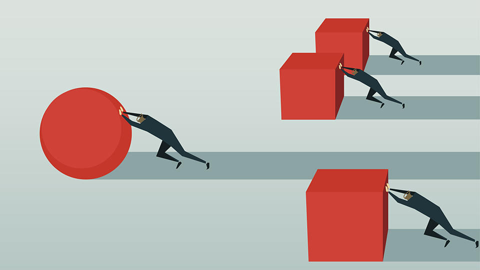 An illustration of four people pushing four red shapes, three squares and one circle  