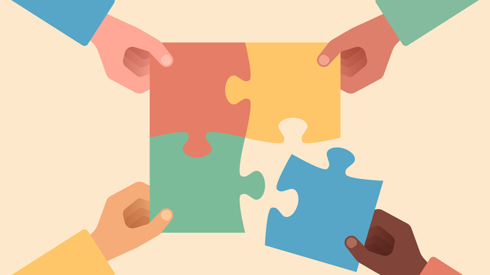  Illustration of hands putting together four puzzle pieces 