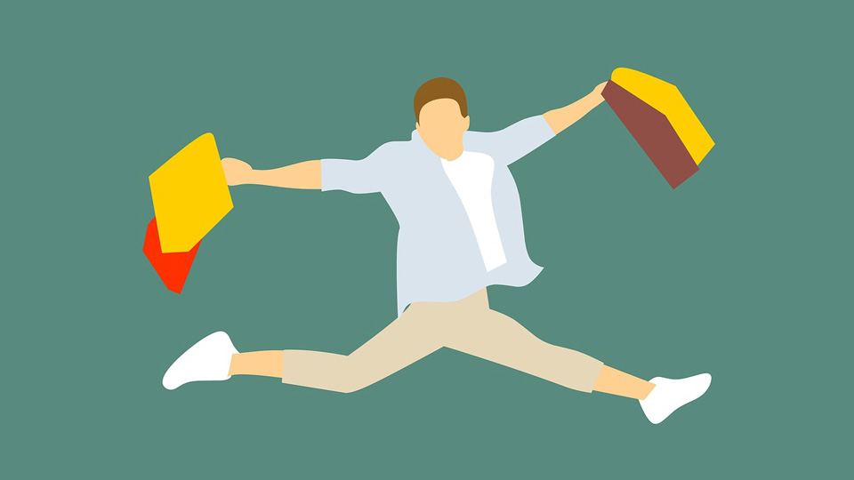 A cartoon man is jumping for joy on a dark green background whilst carrying yellow and red shopping bags