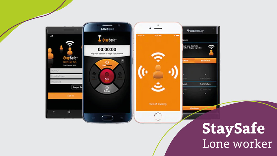 A graphic presents four types of smartphone all displaying a different screen from the StaySafe app, including a login page, a Session timer, and tracking.