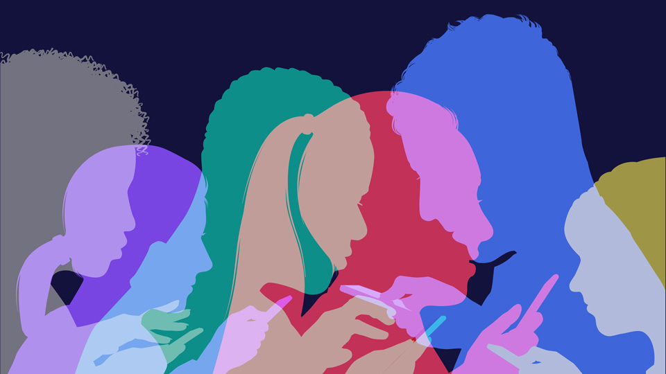 Silhouettes of illustrated faces overlap across a navy blue background 
