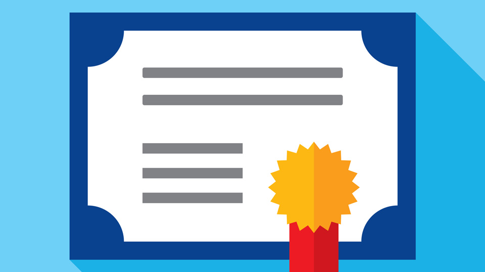 Vector illustration of a certificate against a blue background in flat style 