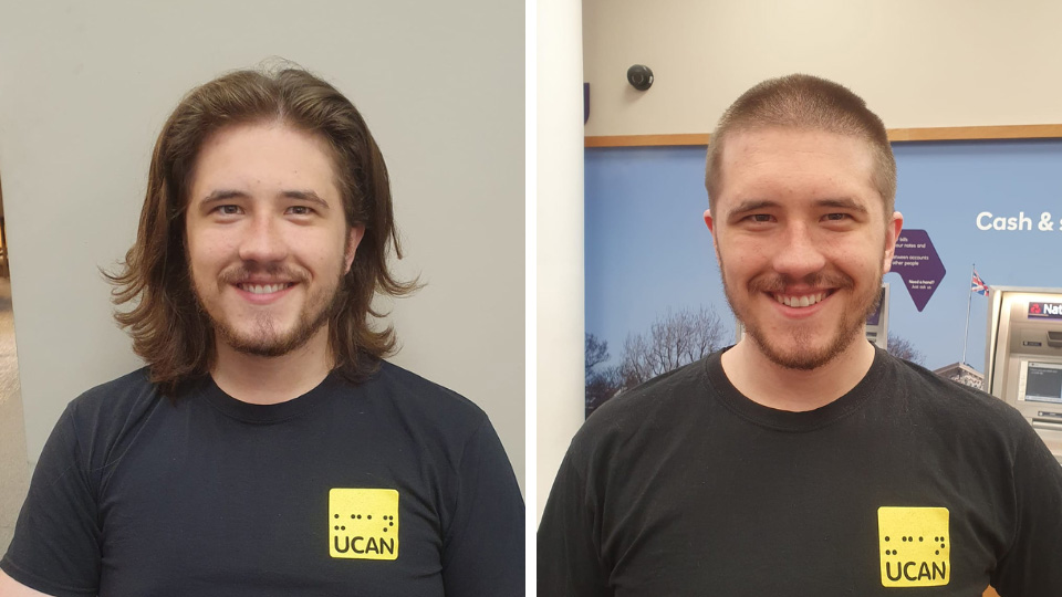 To the left of the frame, Jack has long hair that flicks down to his shoulders, in the right-hand frame his hair is cropped short. In both pictures he wears a black shirt with a yellow logo that has ‘UCAN’ written in text and braille dots. 