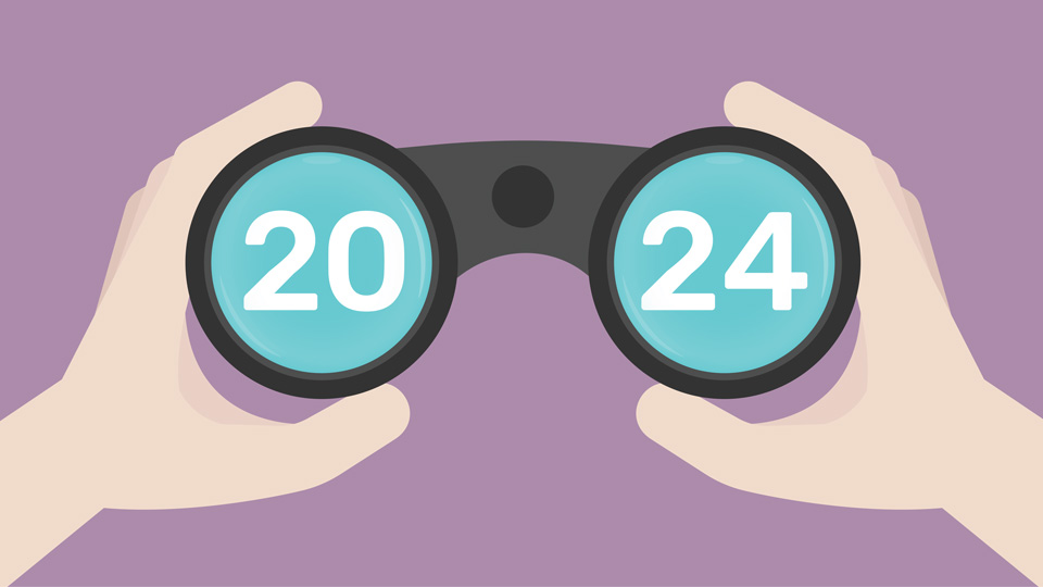 An illustration of hands holding up binoculars with ‘2024’ written across the lenses