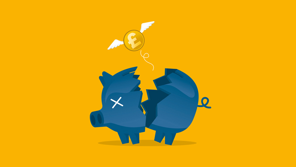 A cartoon shows a blue piggy bank broken into two on a yellow background