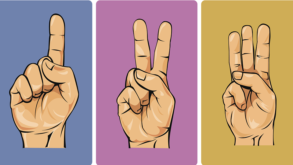Deaf awareness image has a blue, purple and mustard striped background and shows caucasian cartoon hands signing numbers 