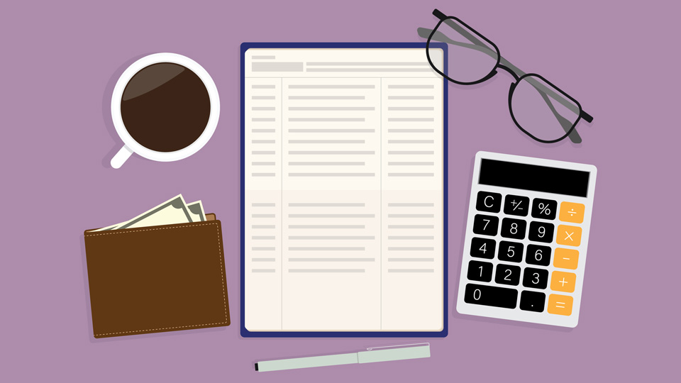 Cartoon image shows a calculator, a to-do list, a pair of glasses and a coffee mug on a purple background 