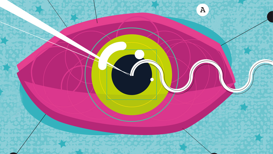 animation of one large pink eye on a blue background. 