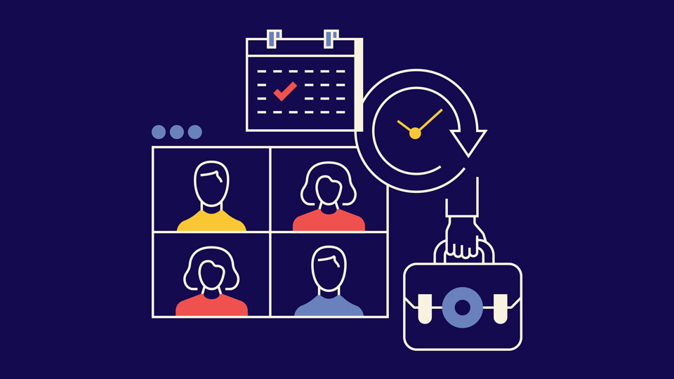 Animation of office items, a calendar, Zoom call and a briefcase 