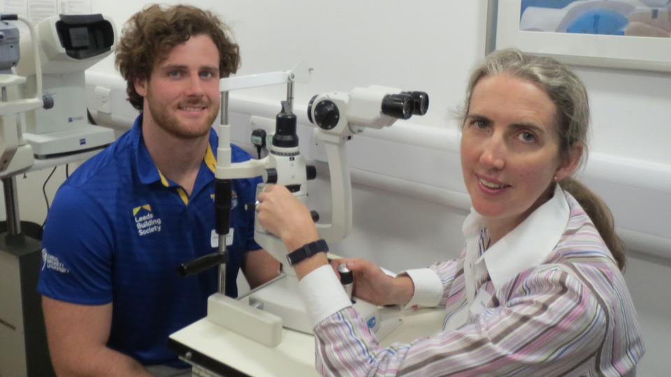 Anthony Mullally with Optometrist Elaine Styles