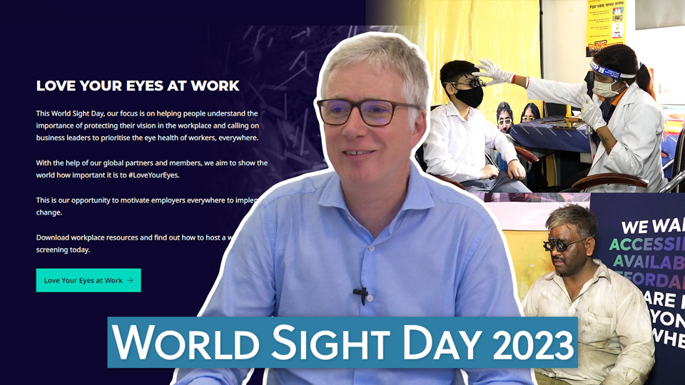 An image of Peter Holland has been cut out of a video interview and overlaid on a background showing the IAPB’s campaign website for World Sight Day 2023, highlighting the theme of eye health at work
