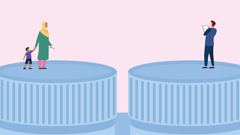 Oversized contact lenses case. On the left a woman is holding a child's hand and on the right a man is holding a tablet.