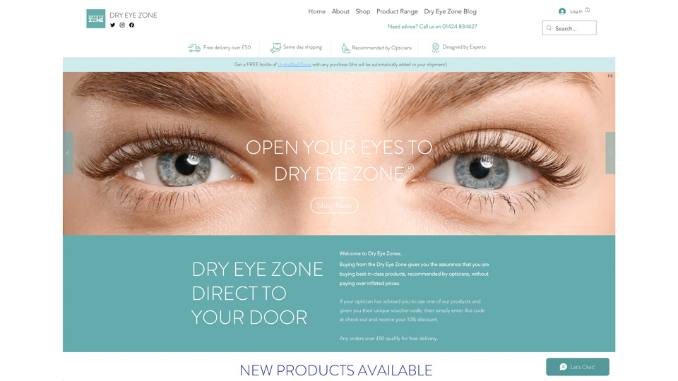 A screen capture of the patient-facing website. The page is dominated by a close-up banner image of a caucasian lady’s smiling blue-grey eyes. The words ‘Open our eyes to Dry Eye Zone’ are overlaid in white over the image. The website is a calming teal colour. 