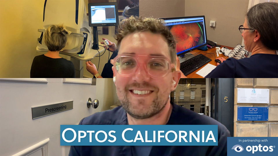 Four images of the optos device, a cut out of Ian Cameron on overlaid on the top and the copy placed on the image reads "Optos California"