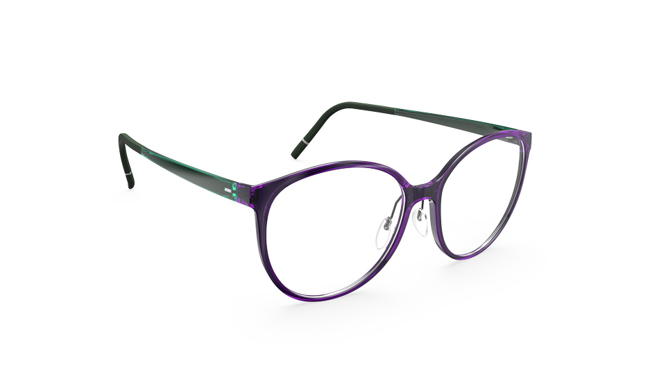 A pair of frames made from a semi-transparent material. The front of the frame is a deep purple, while the sides are a forest green.