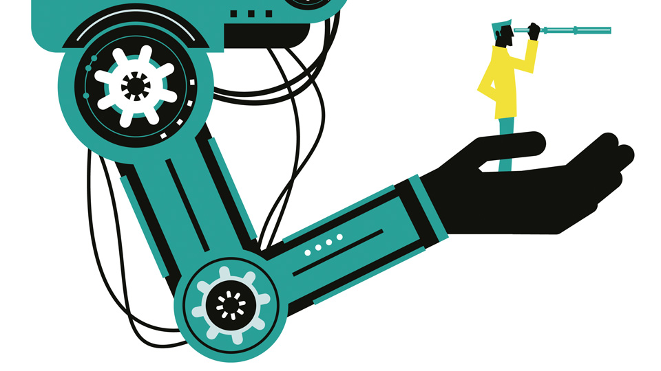 Animation of a blue and black robotic arm with an out stretched hand. A small man is standing on the palm of the robot's hand looking through a telescope  