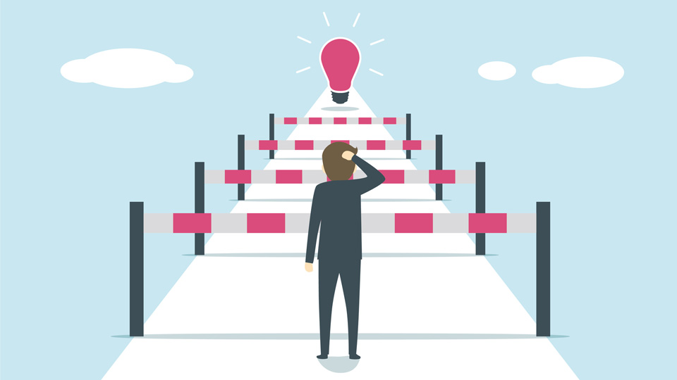 Illustration of a person looking at hurdles in the distance  