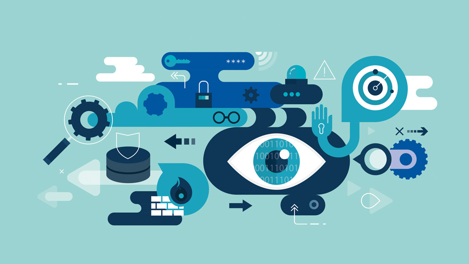 Turquoise illustration with cog, key and eye imagery 
