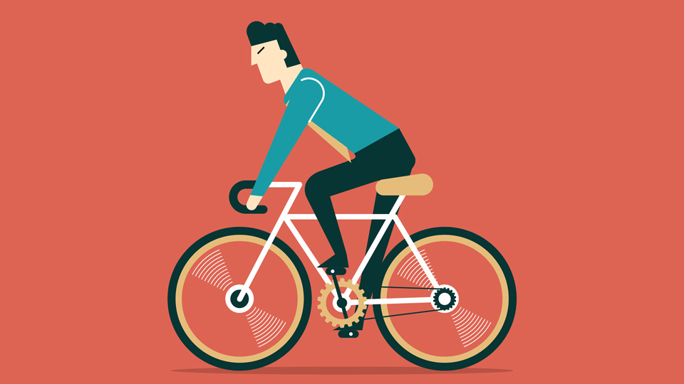 An animation of a man riding a bicycle.  