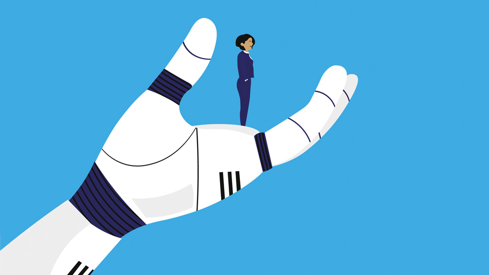person on robot hand