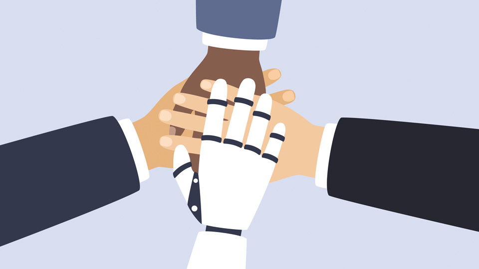 An animation of three human hands and one robot hand placing their hands together in a circle. 
