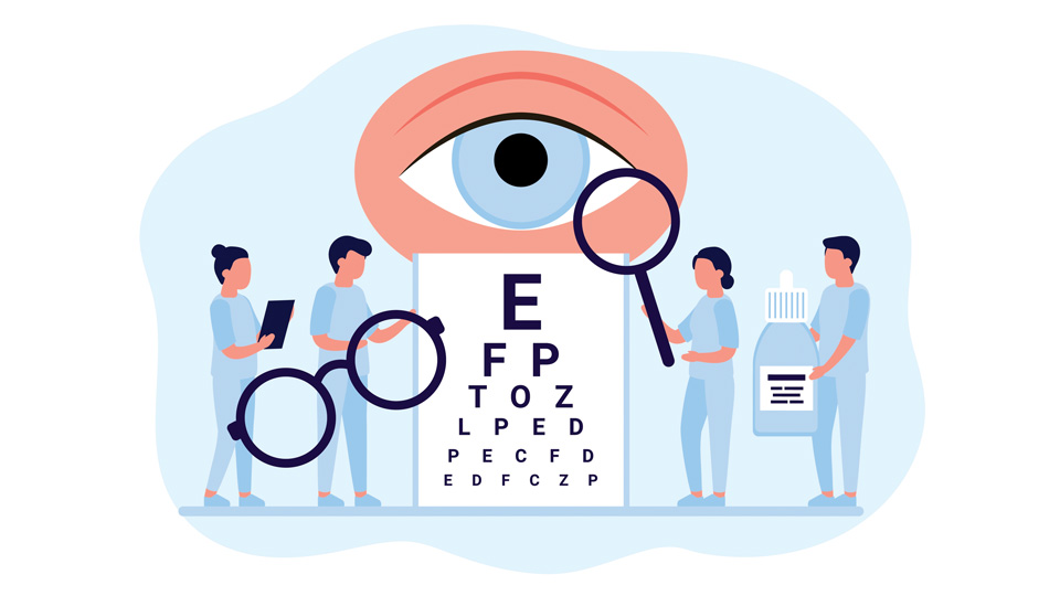 Animation of a group of four optometrists standing around an oversized eye chart with a large eye above it. 