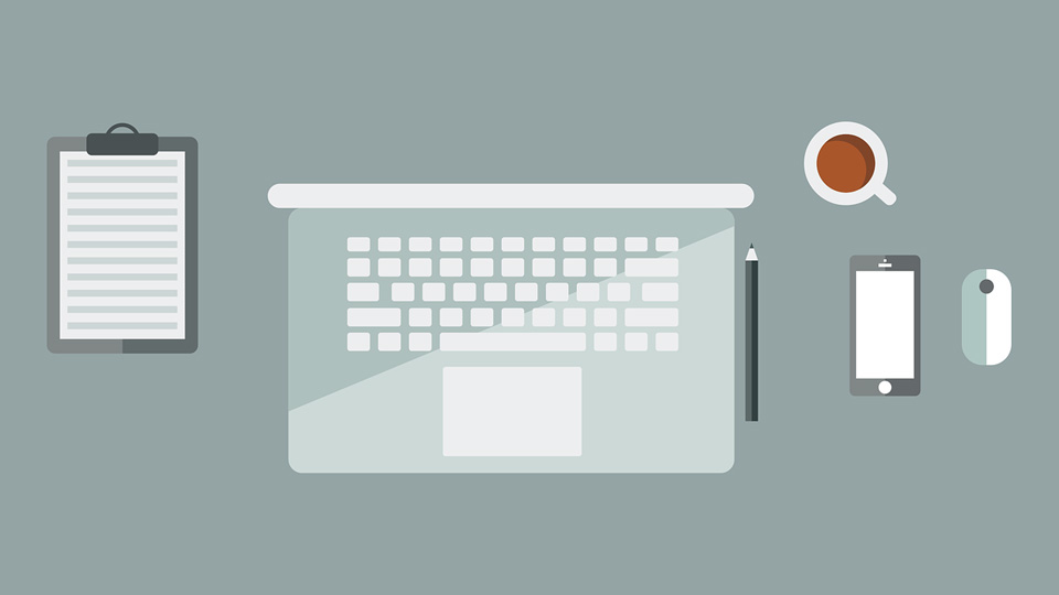 An illustration of a grey and white laptop, open on a grey table, with clipboard, phone, mouse, pen and coffee mug, arranged around it