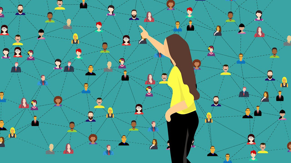 Animation of a woman pointing at multiple faces