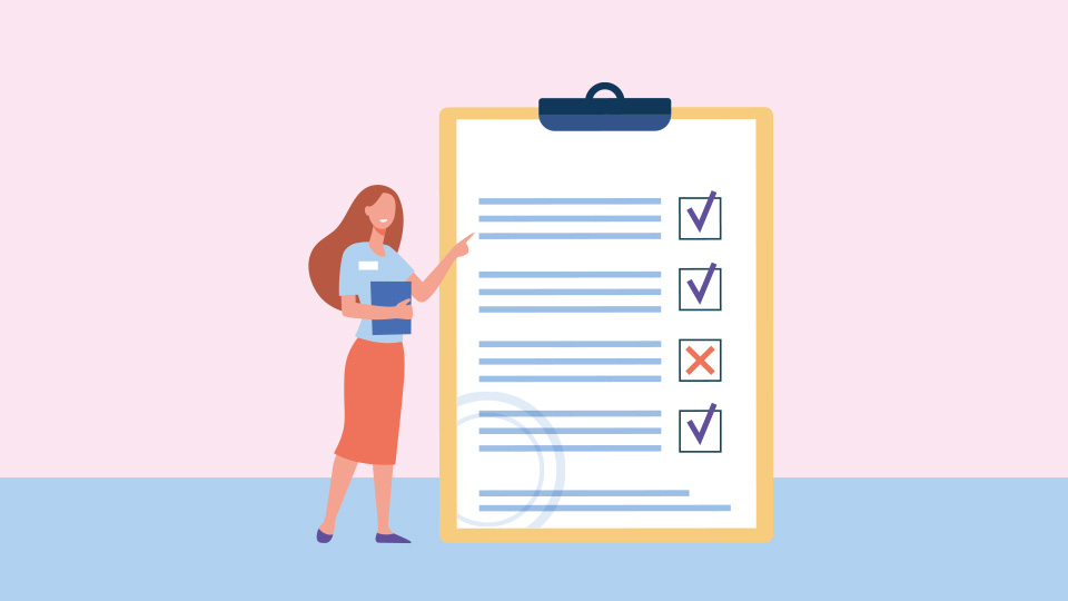 animation of a woman standing next to an over sized flipchart with a list on it