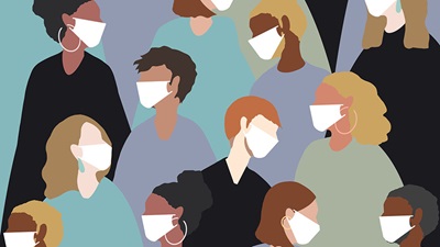 Cartoon shows various silhouetted people wearing COVID-19 masks against a black, green and purple background 