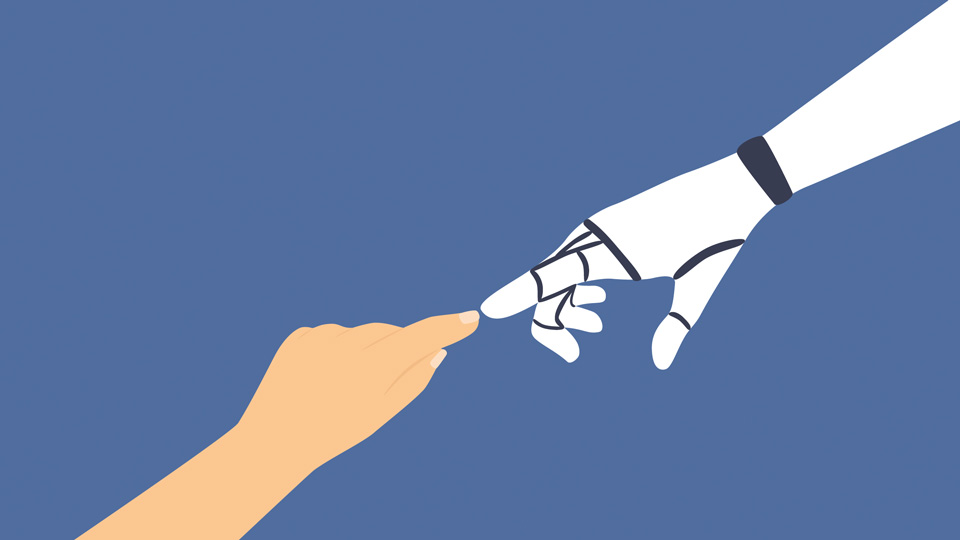 robot hand and a human hand touching 