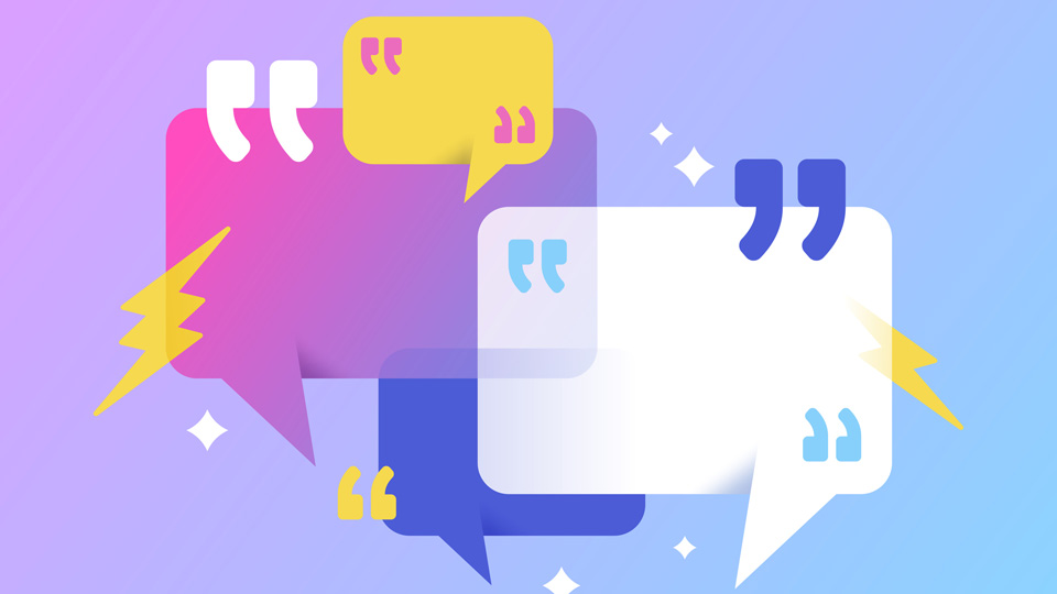 abstract image in light purple and blue shows speech bubbles and quotation marks clustered together 