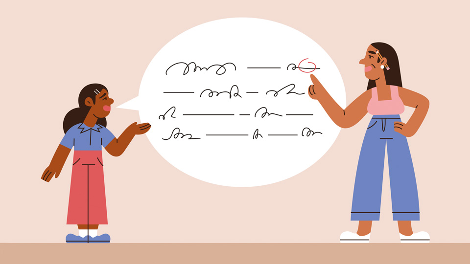 Cartoon image shows a young girl and an adult woman speaking with a speech bubble in between them
