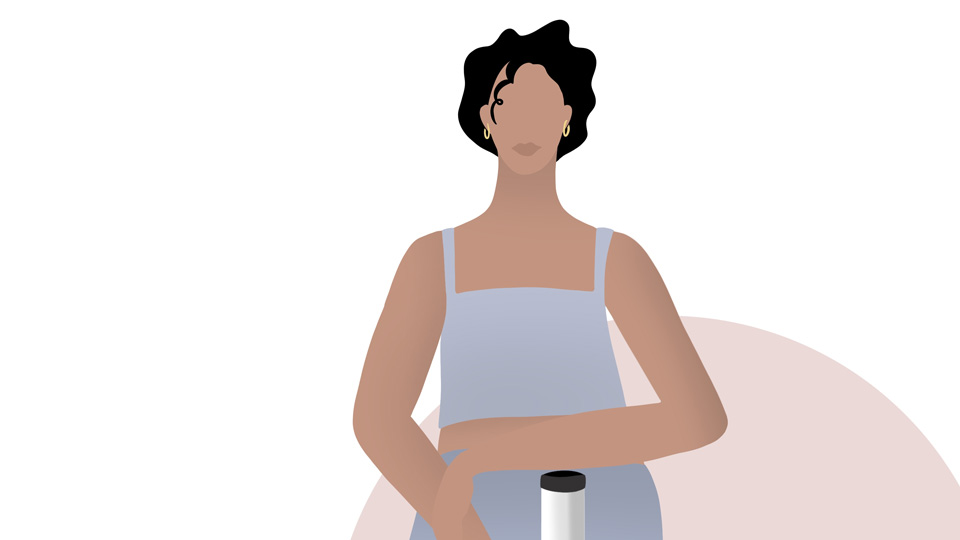 Cartoon of a mixed race woman with curly black hair and gold hoop earrings looking at the camera whilst wearing a lilac vest top 