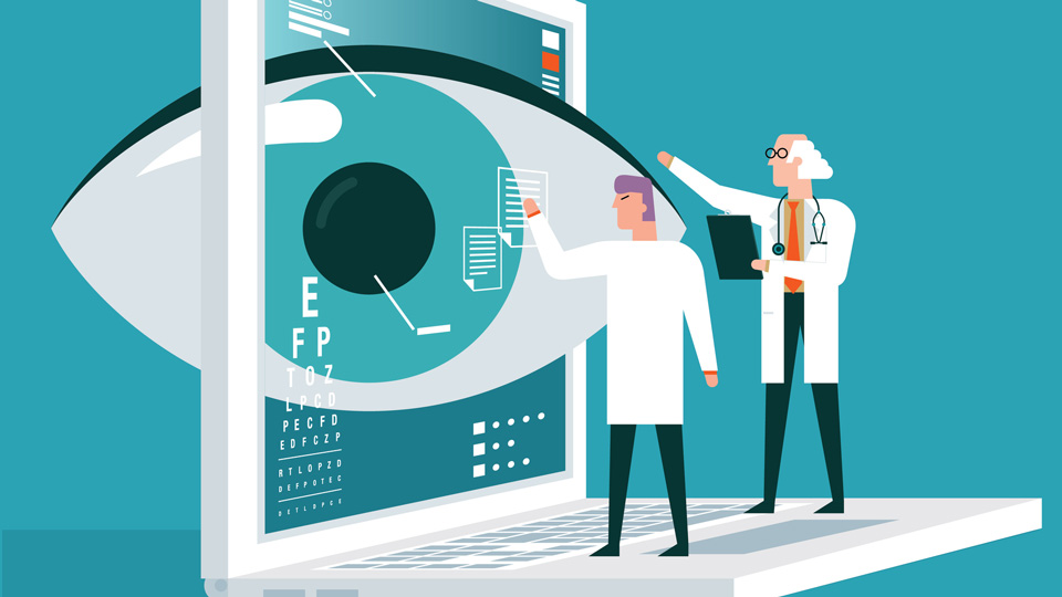 Cartoon with a blue background shows two optometrists pointing at a laptop screen that includes a picture of an eye and an eye test chart