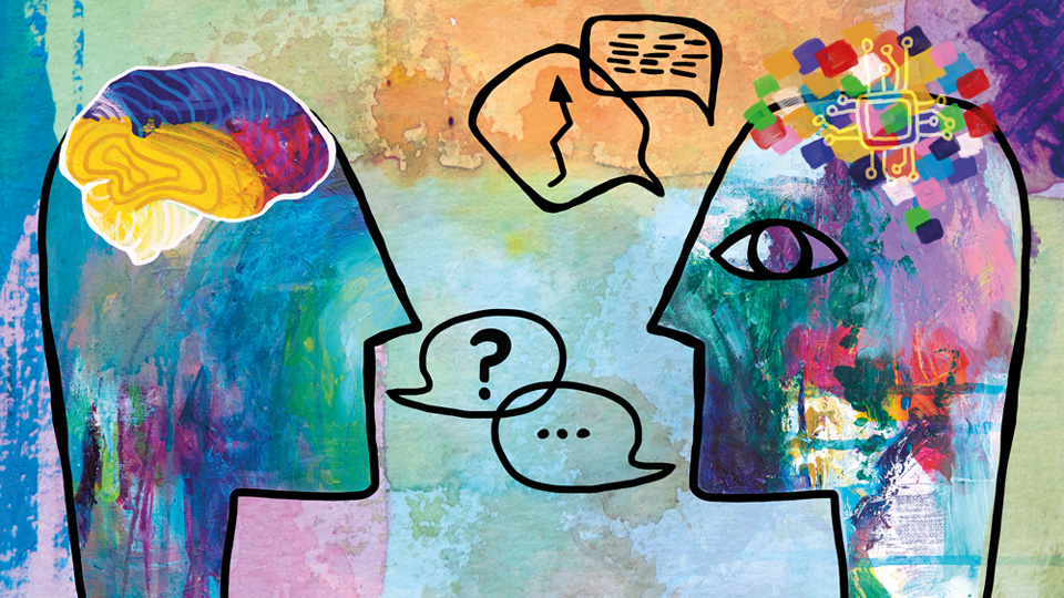 A colourful cartoon shows the outline of a stick woman communicating with an AI robot