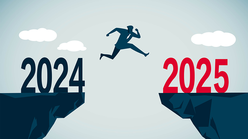 Illustration of person jumping from one rock to another 
