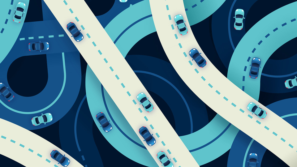 Illustration of cars on a bendy road 