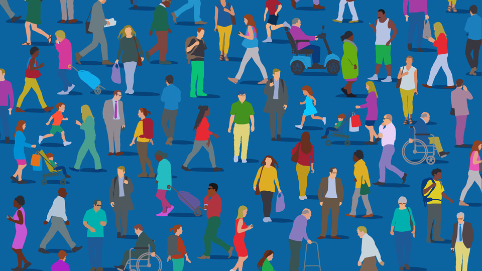 Illustration of a multicultural group of people against a blue background