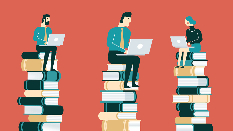 Illustration on three people sitting on piles of books on laptops 