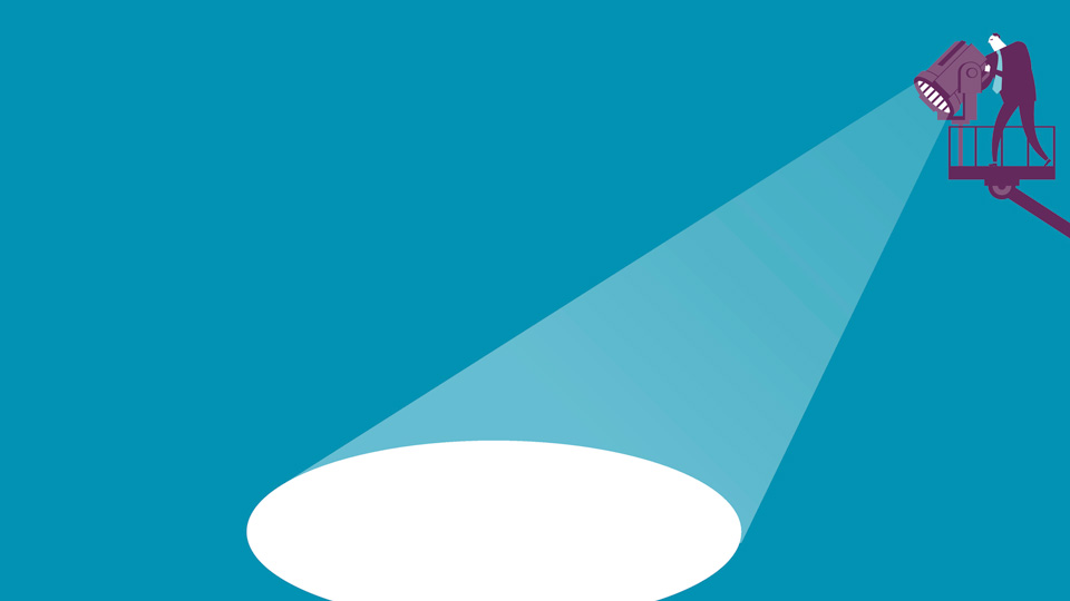 Illustration of person shinning a spotlight on a stage  
