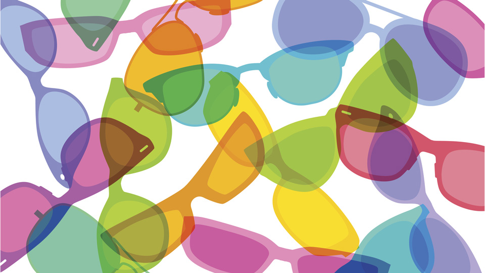 Colourful overlapping silhouettes of spectacles or glasses