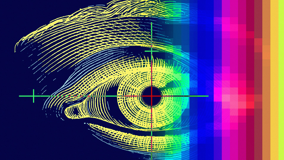 Drawing of human eye with rainbow color overlaid and inverted 