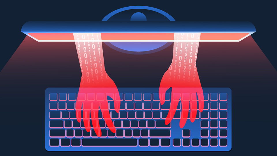 Red cartoon hands stick out from computer monitor and type on a purple keyboard 