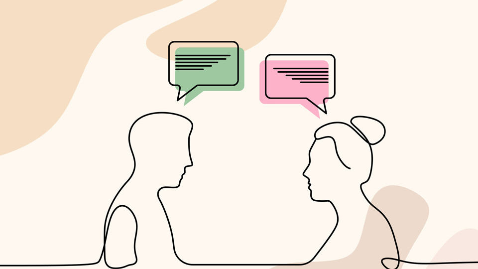 Illustration outline of two heads facing each other with speech bubble above their heads 