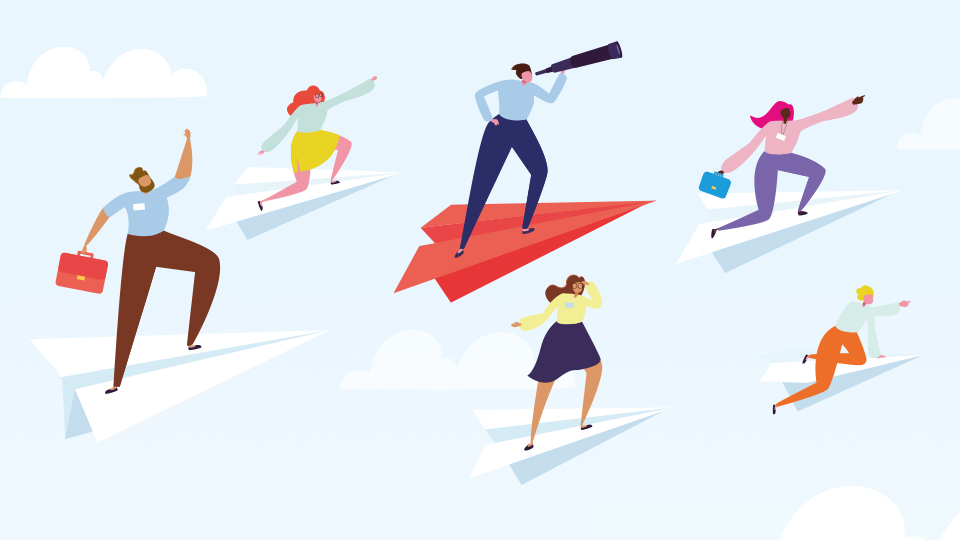 Animation of 6 people stand on paper aeroplanes 