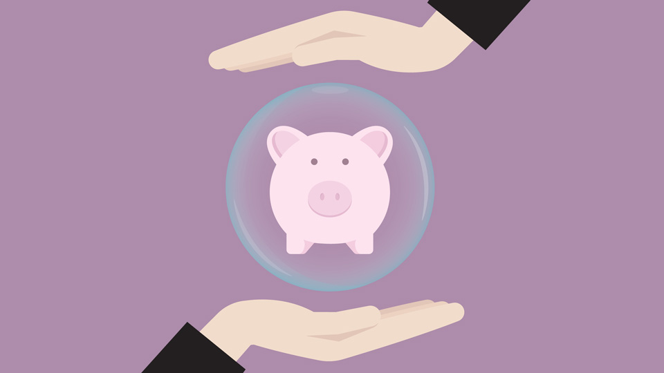A piggy bank cartoon is seen on a purple background 