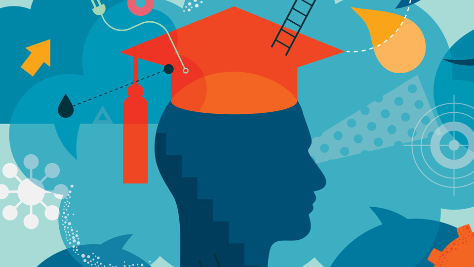 An illustration of a person’s face in profile, wearing a graduate cap. Around are speech bubbles, cogs, ladders and target shapes 