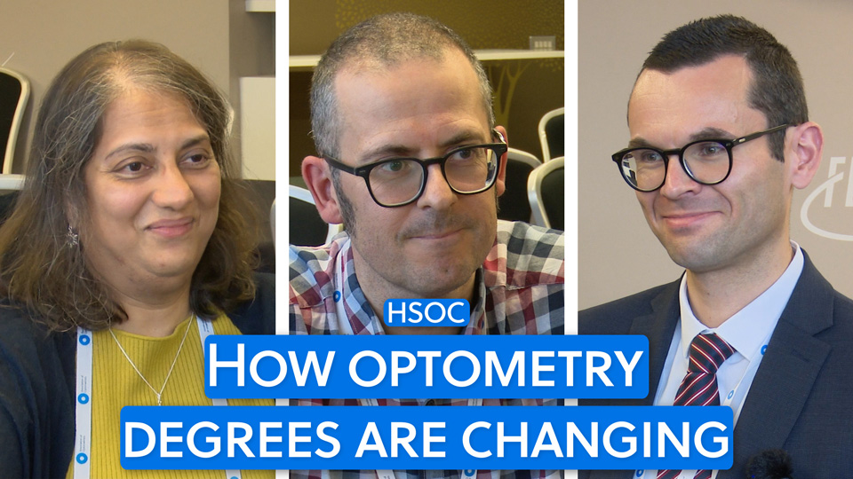 Headshots of three speakers are overlaid with text reading ‘How optometry degrees are changing’ 