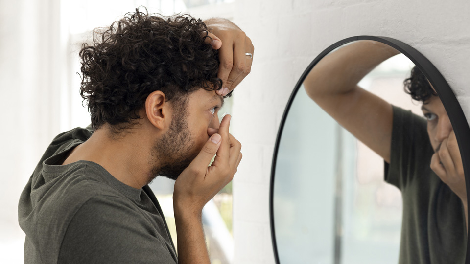 Side view of a young male adult applying a contact lens looking in a mirror wearing casual green t-shirt